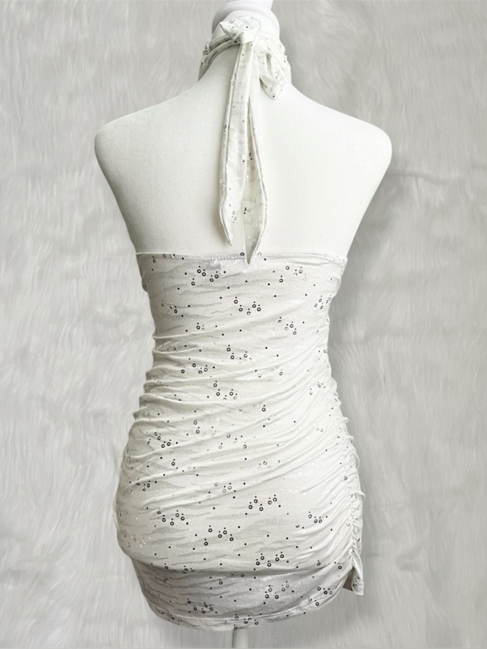 BodyC White Halter Neck Slim Fit Top With Sequins & Ruching Details - Picture 6 of 6